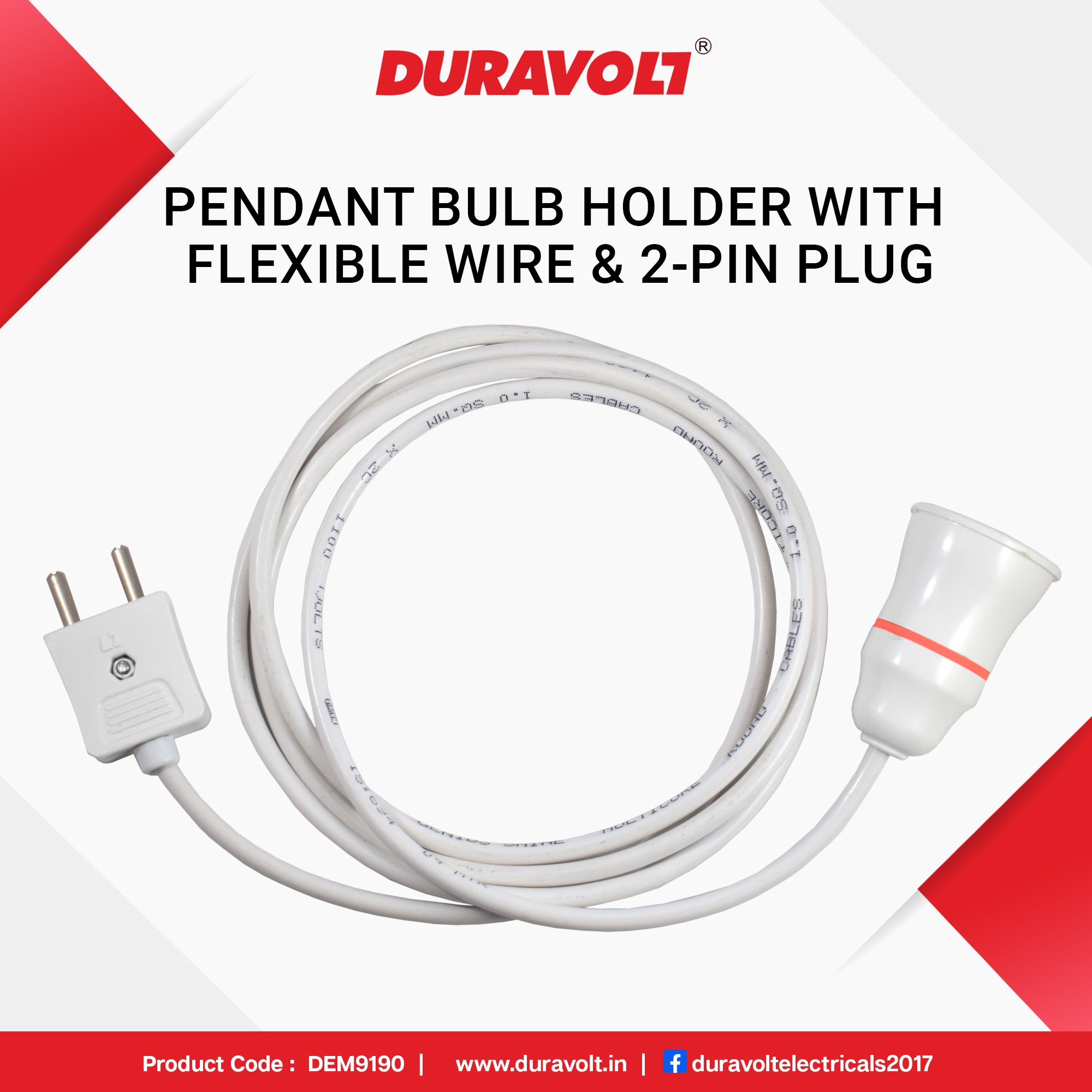 Pendant Bulb Holder with Flexible Wire & 2-Pin Plug - Image 3