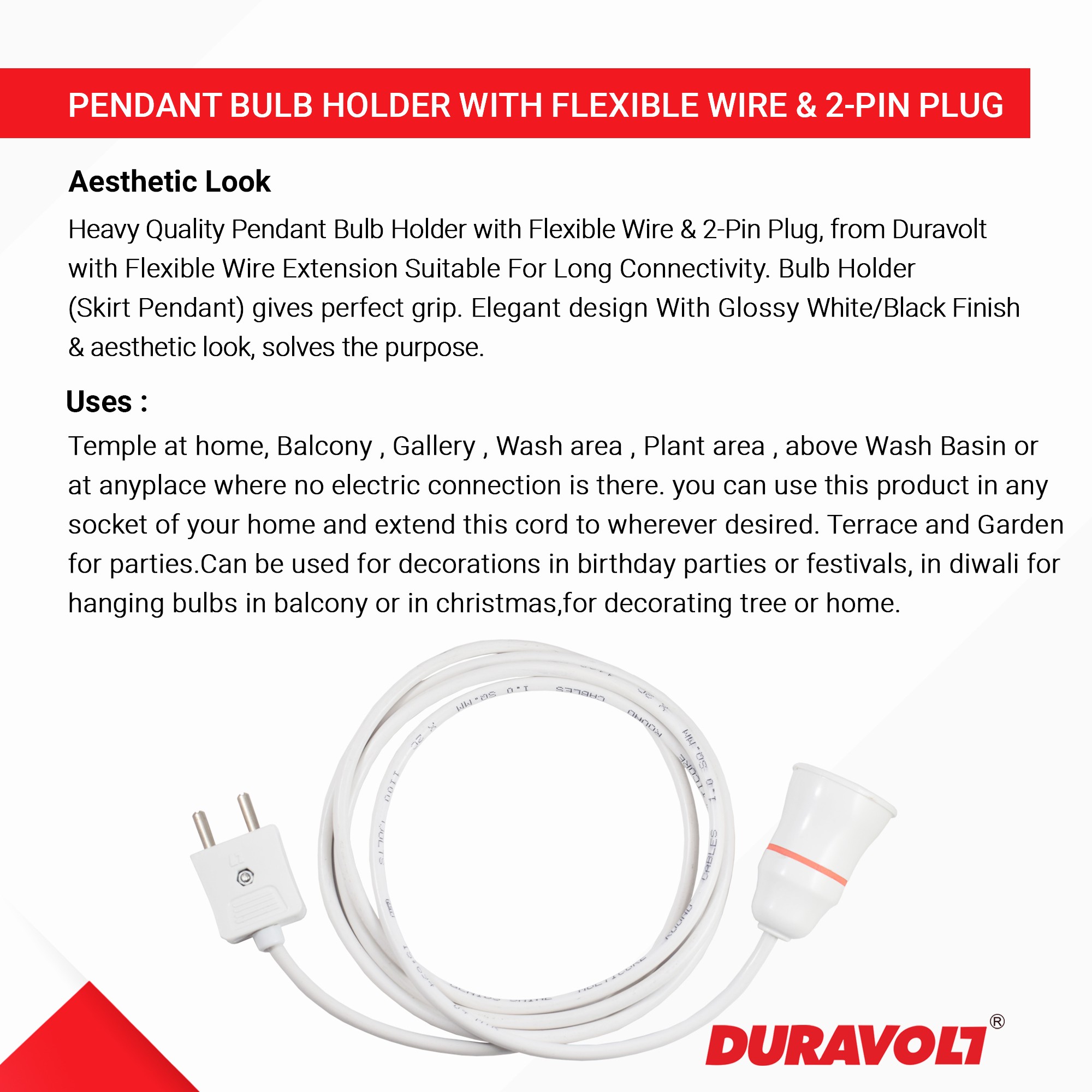 Pendant Bulb Holder with Flexible Wire & 2-Pin Plug - Image 9